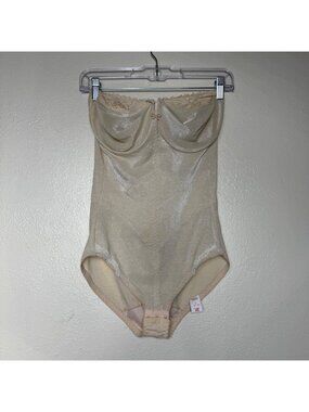 VTG Natural By Young Smoothie Beige Shimmery Lace Strapless Bodysuit 38D